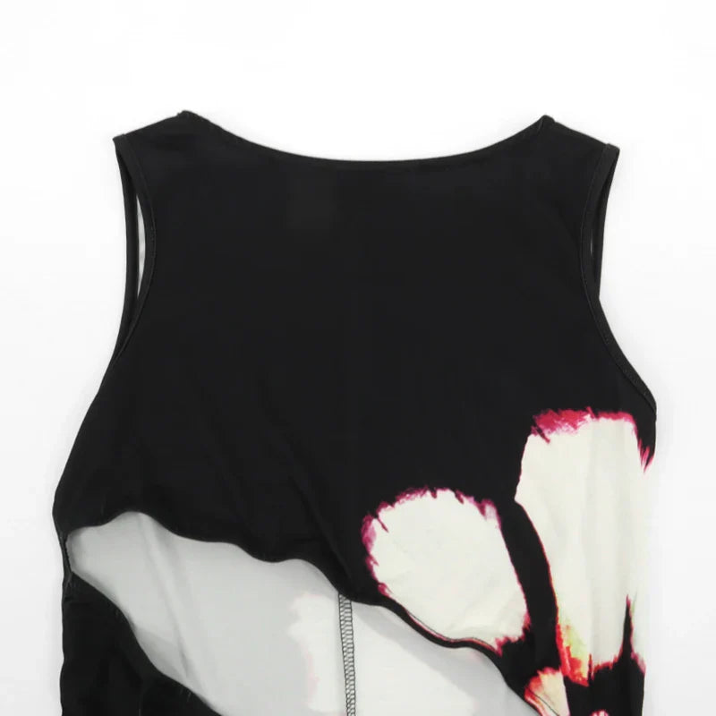 Black Sleeveless O-Neck Hollow Out Dress for Women Summer Casual Elegant Slim Fit Fashion Print Clubwear