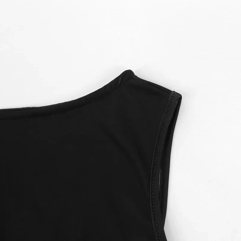 Black Sleeveless O-Neck Hollow Out Dress for Women Summer Casual Elegant Slim Fit Fashion Print Clubwear