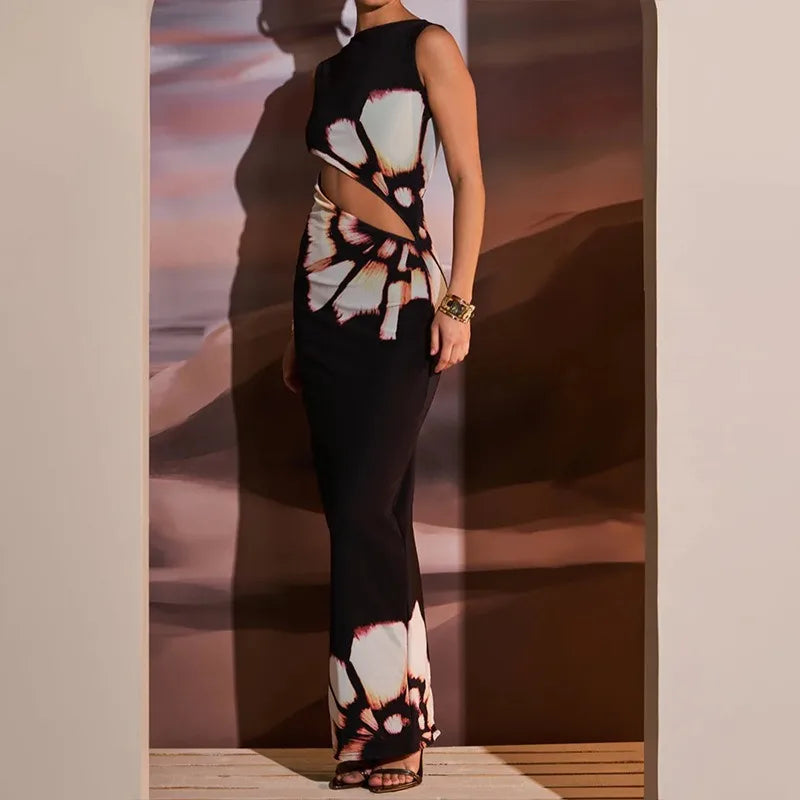 Black Sleeveless O-Neck Hollow Out Dress for Women Summer Casual Elegant Slim Fit Fashion Print Clubwear