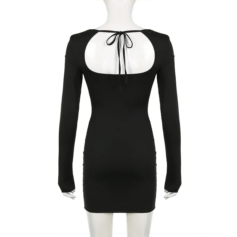 Chic Autumn Women's Streetwear Mini Dress With Long Sleeves Split Lace-up Backless Slim Fit Black Casual Dress