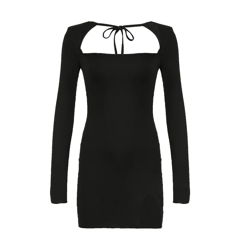 Chic Autumn Women's Streetwear Mini Dress With Long Sleeves Split Lace-up Backless Slim Fit Black Casual Dress