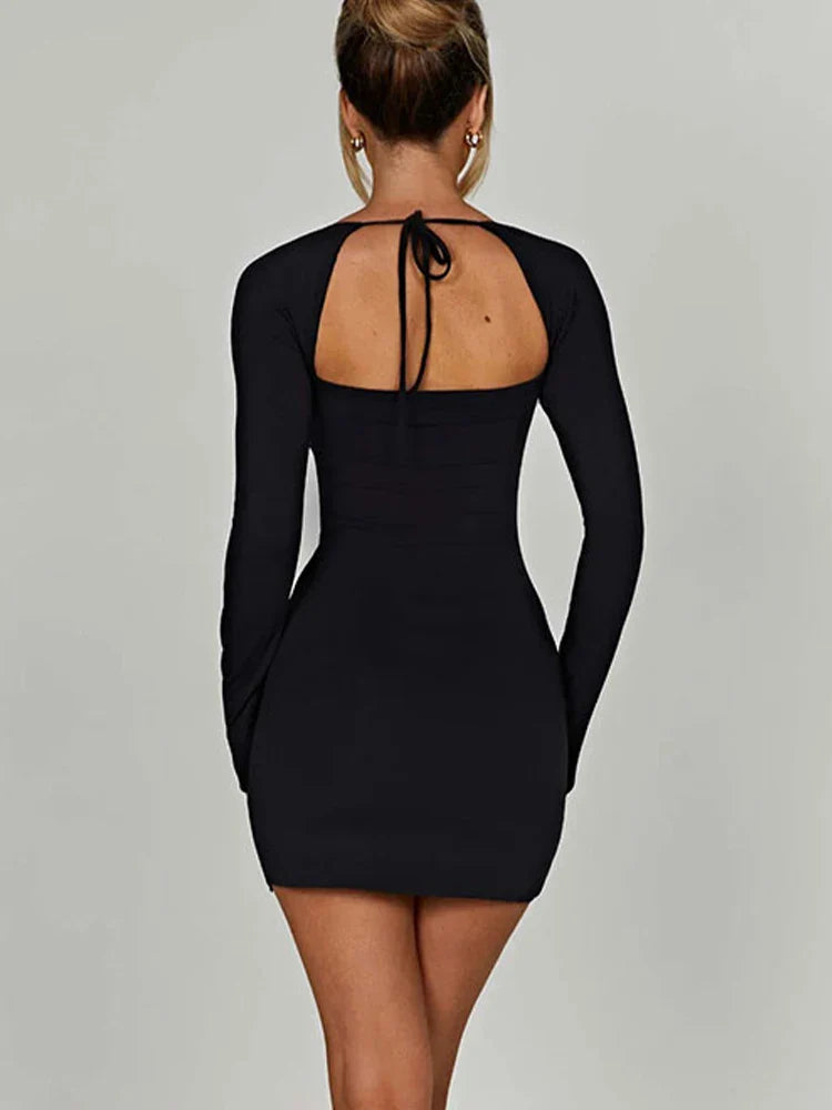 Chic Autumn Women's Streetwear Mini Dress With Long Sleeves Split Lace-up Backless Slim Fit Black Casual Dress