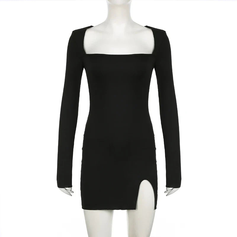 Chic Autumn Women's Streetwear Mini Dress With Long Sleeves Split Lace-up Backless Slim Fit Black Casual Dress
