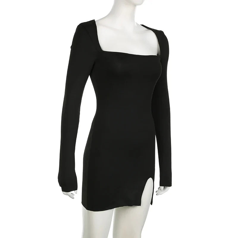 Chic Autumn Women's Streetwear Mini Dress With Long Sleeves Split Lace-up Backless Slim Fit Black Casual Dress