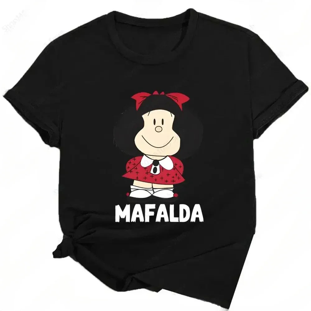 Mafalda Print Funny Graphic T-Shirt for Women Summer Harajuku Streetwear Cute Cartoon Kawaii Black Tee