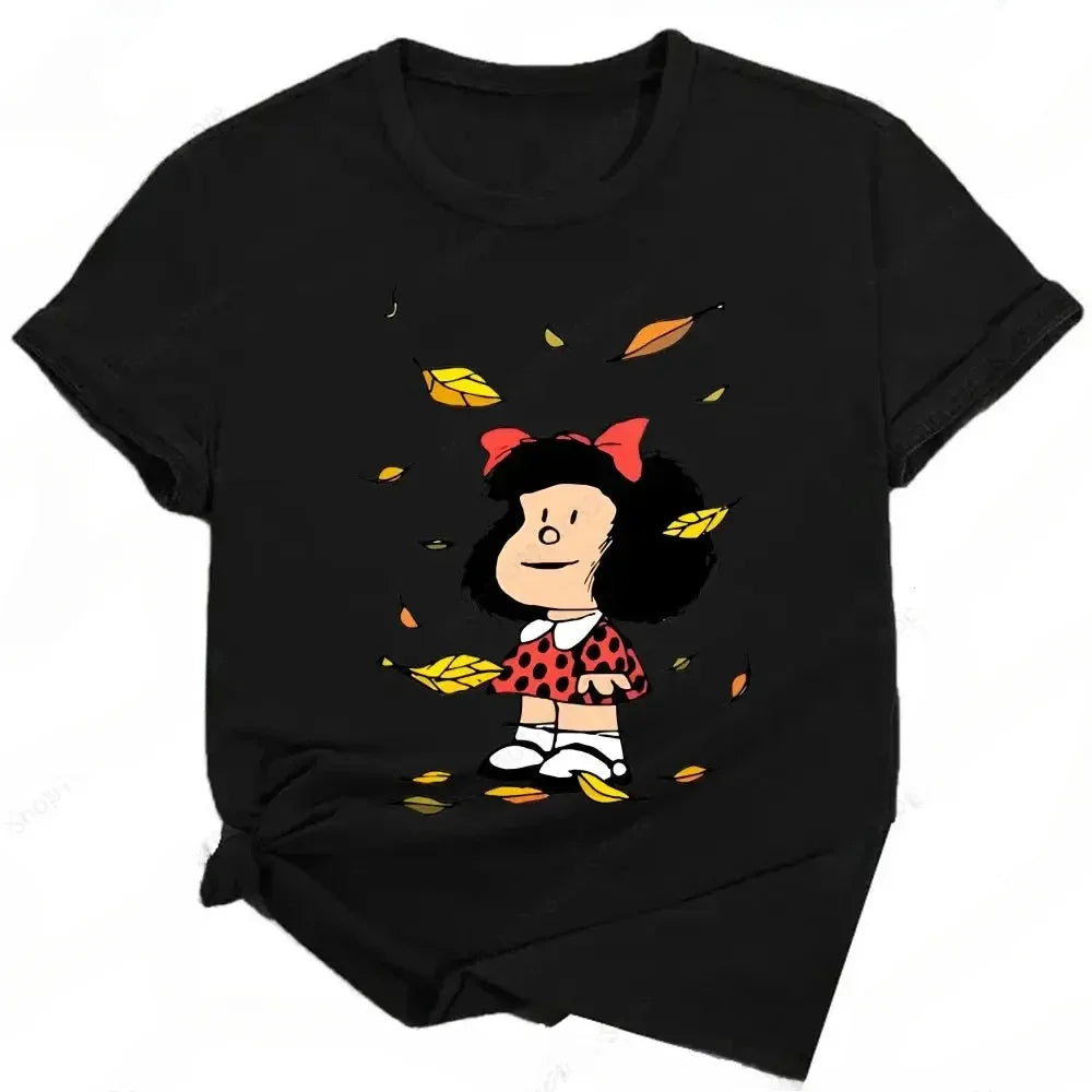 Mafalda Print Funny Graphic T-Shirt for Women Summer Harajuku Streetwear Cute Cartoon Kawaii Black Tee