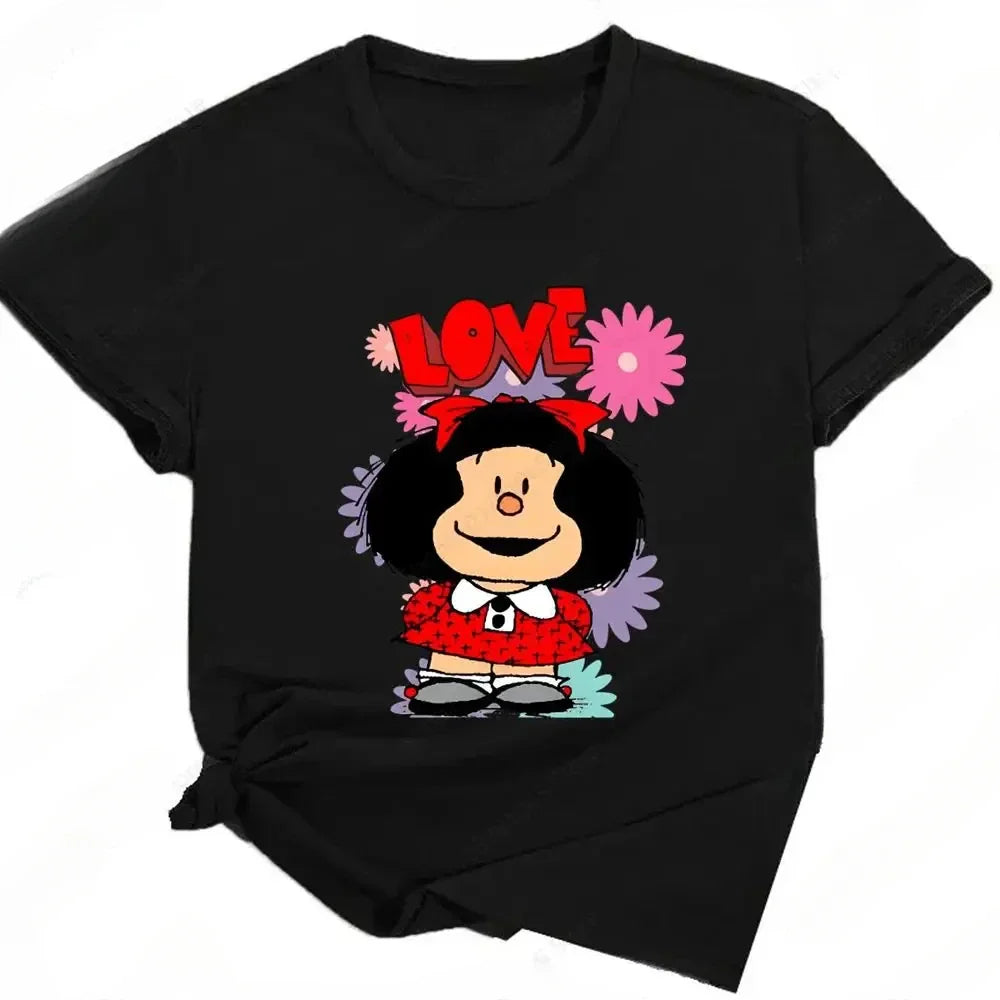 Mafalda Print Funny Graphic T-Shirt for Women Summer Harajuku Streetwear Cute Cartoon Kawaii Black Tee
