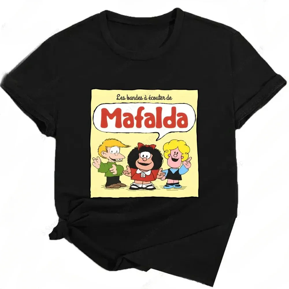 Mafalda Print Funny Graphic T-Shirt for Women Summer Harajuku Streetwear Cute Cartoon Kawaii Black Tee