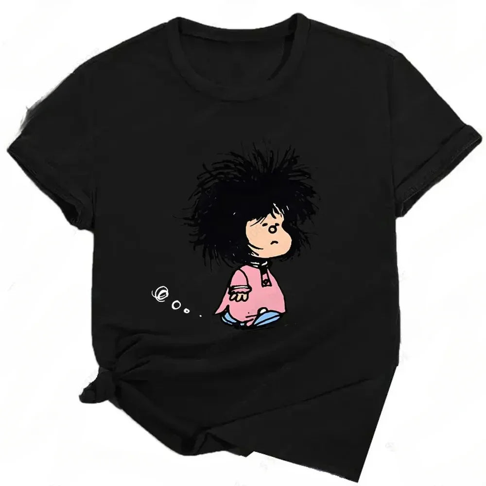 Mafalda Print Funny Graphic T-Shirt for Women Summer Harajuku Streetwear Cute Cartoon Kawaii Black Tee