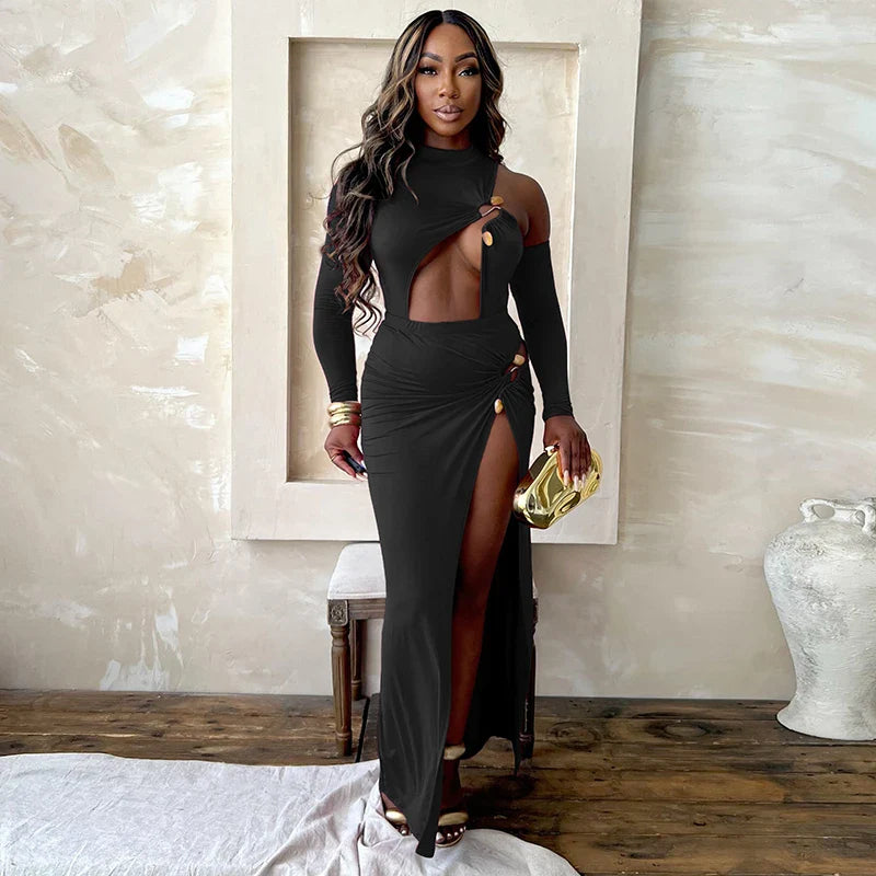 Single Shoulder Half High Neck Long Sleeve Hollow Out Bodysuit with High Split Elegant Long Dress Set