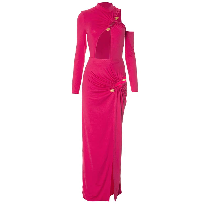 Single Shoulder Half High Neck Long Sleeve Hollow Out Bodysuit with High Split Elegant Long Dress Set