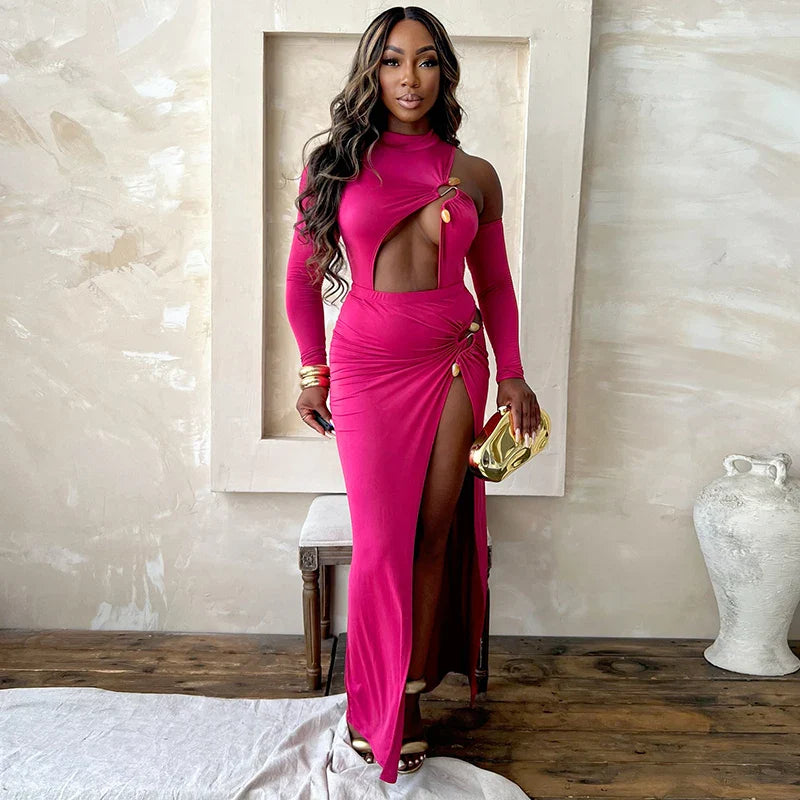 Single Shoulder Half High Neck Long Sleeve Hollow Out Bodysuit with High Split Elegant Long Dress Set