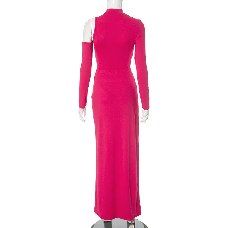 Single Shoulder Half High Neck Long Sleeve Hollow Out Bodysuit with High Split Elegant Long Dress Set