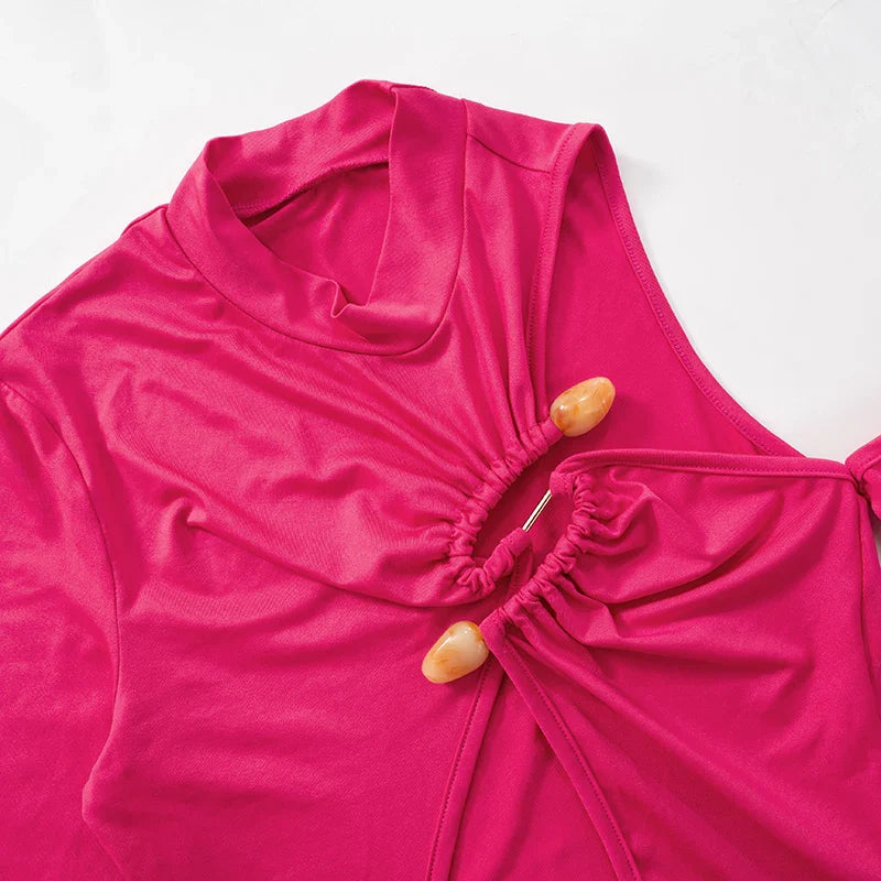 Single Shoulder Half High Neck Long Sleeve Hollow Out Bodysuit with High Split Elegant Long Dress Set