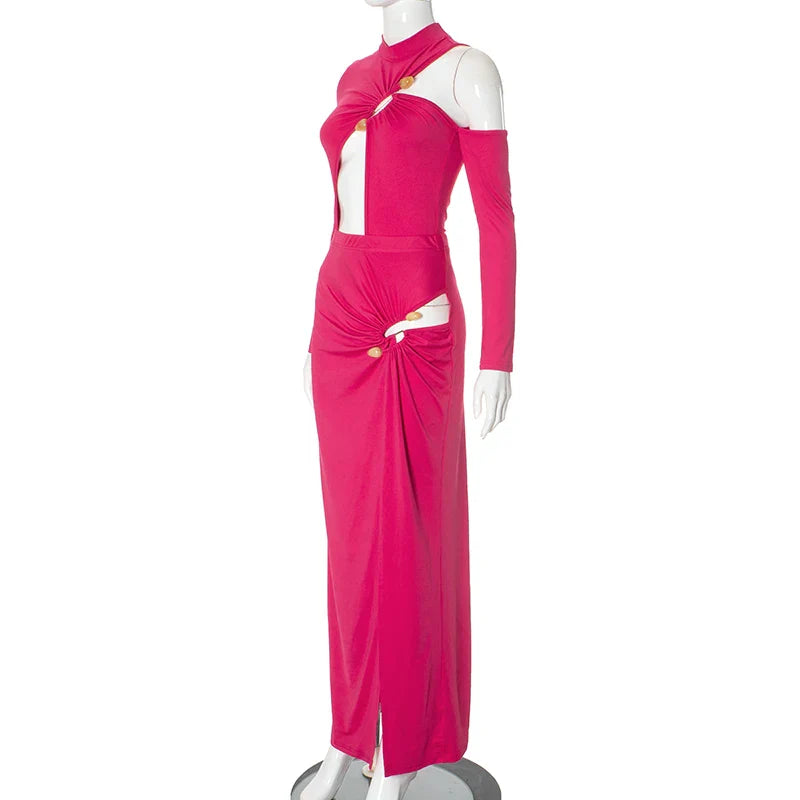Single Shoulder Half High Neck Long Sleeve Hollow Out Bodysuit with High Split Elegant Long Dress Set