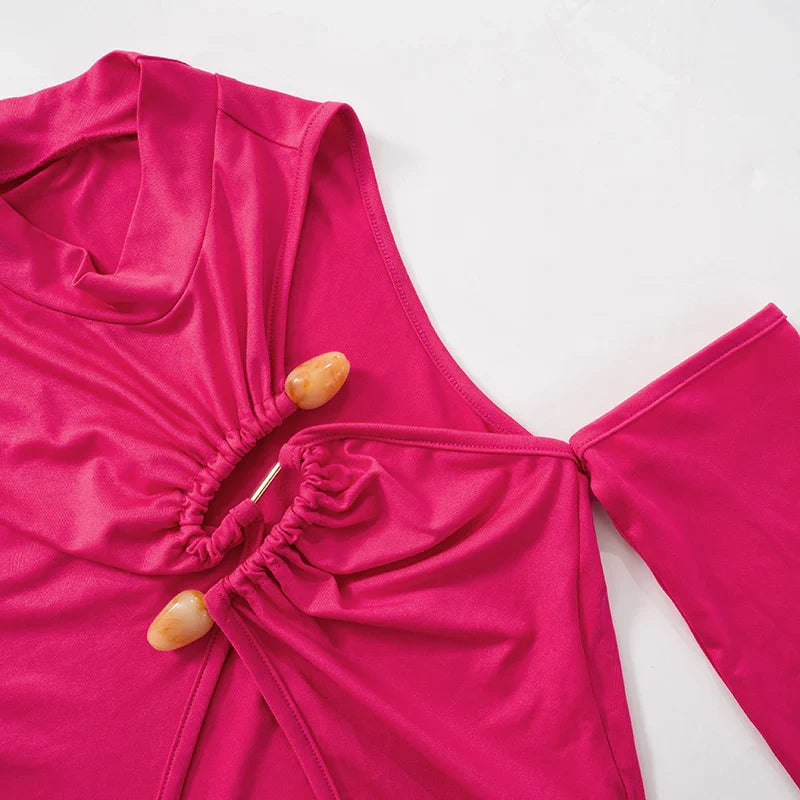 Single Shoulder Half High Neck Long Sleeve Hollow Out Bodysuit with High Split Elegant Long Dress Set