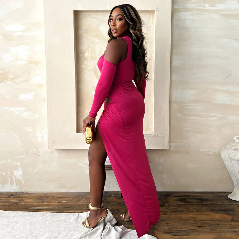 Single Shoulder Half High Neck Long Sleeve Hollow Out Bodysuit with High Split Elegant Long Dress Set