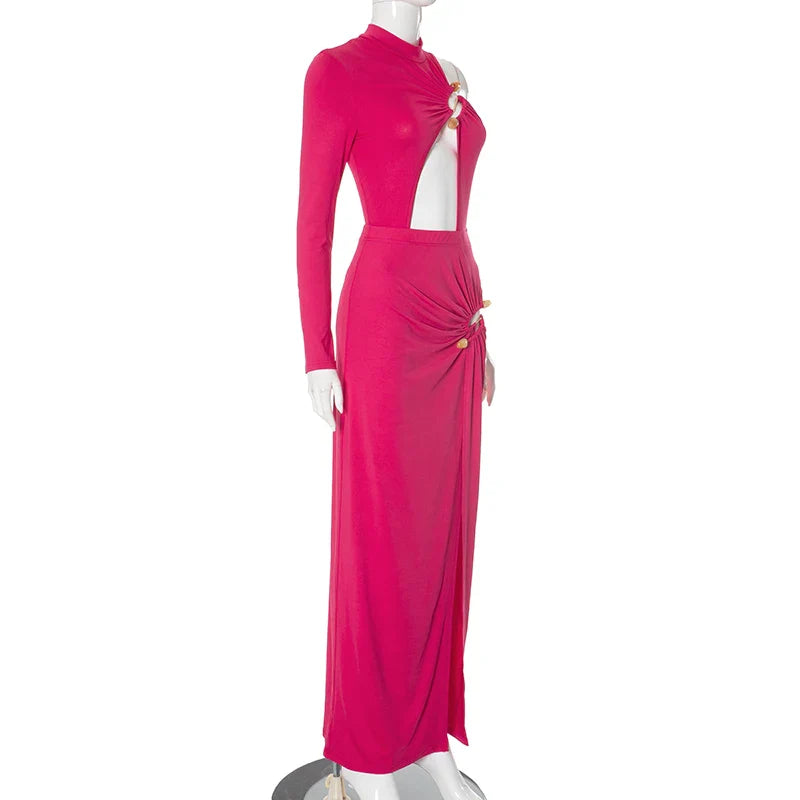 Single Shoulder Half High Neck Long Sleeve Hollow Out Bodysuit with High Split Elegant Long Dress Set