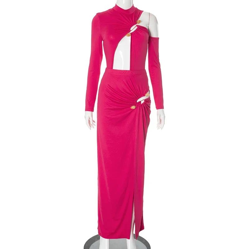 Single Shoulder Half High Neck Long Sleeve Hollow Out Bodysuit with High Split Elegant Long Dress Set