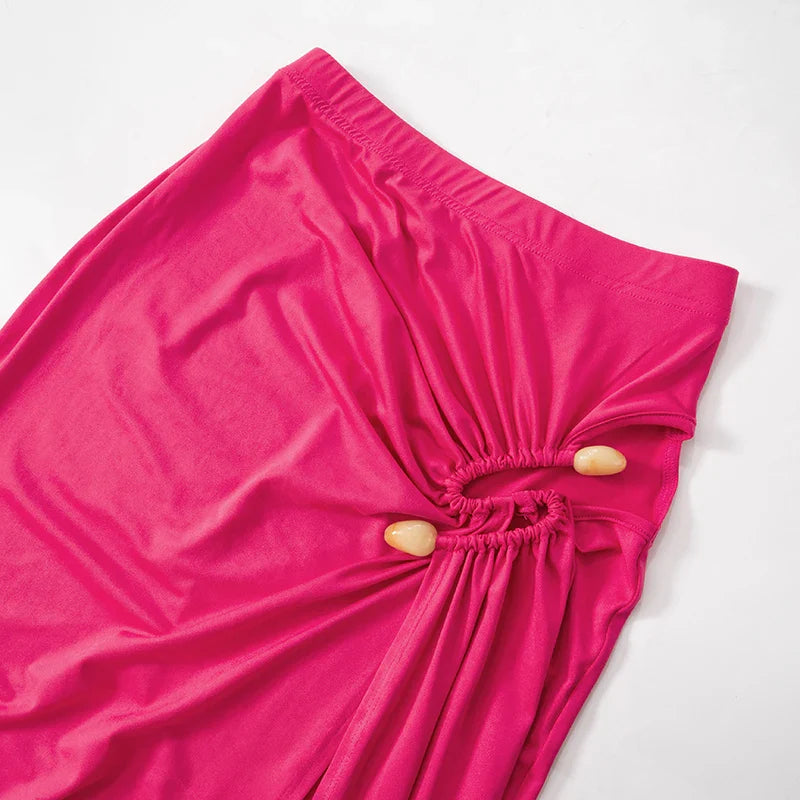 Single Shoulder Half High Neck Long Sleeve Hollow Out Bodysuit with High Split Elegant Long Dress Set