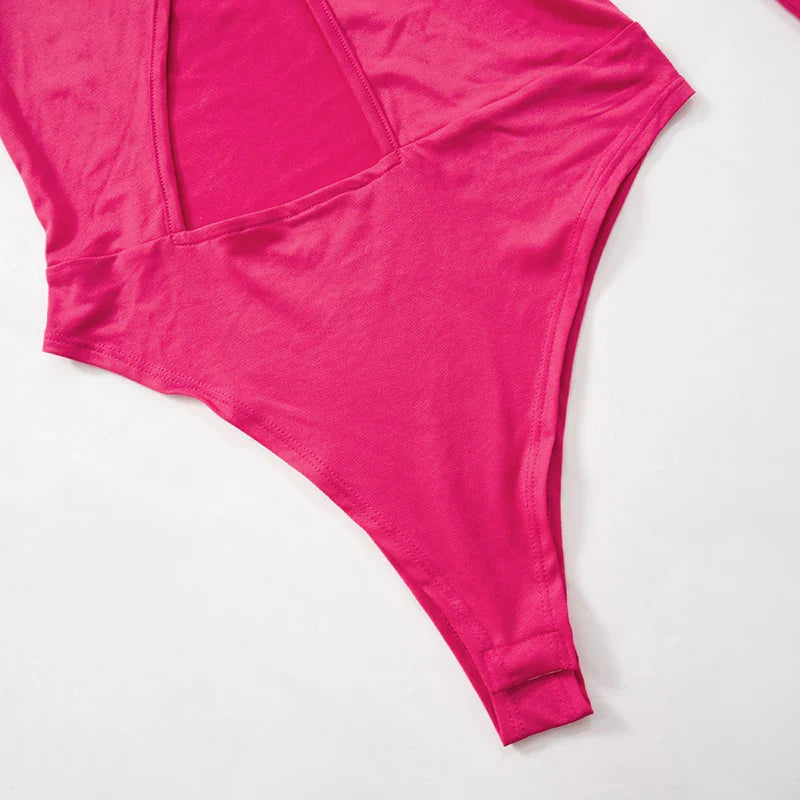 Single Shoulder Half High Neck Long Sleeve Hollow Out Bodysuit with High Split Elegant Long Dress Set