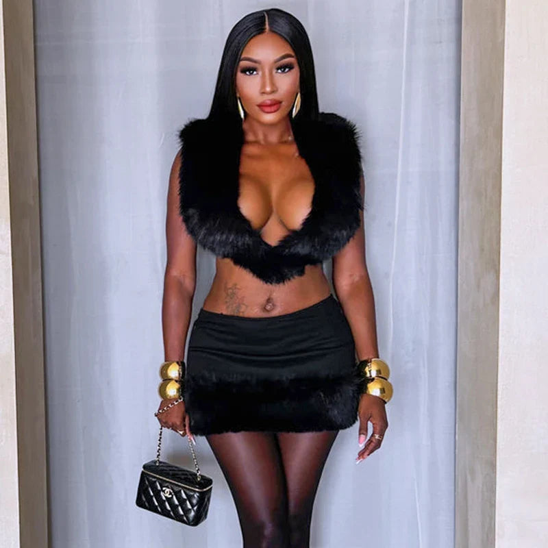 Women's Sexy Fur Patchwork Deep V Tie Backless Crop Top and Mini Fur Wrap Hip Skirt Set for Evening Clubwear