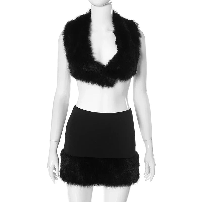 Women's Sexy Fur Patchwork Deep V Tie Backless Crop Top and Mini Fur Wrap Hip Skirt Set for Evening Clubwear