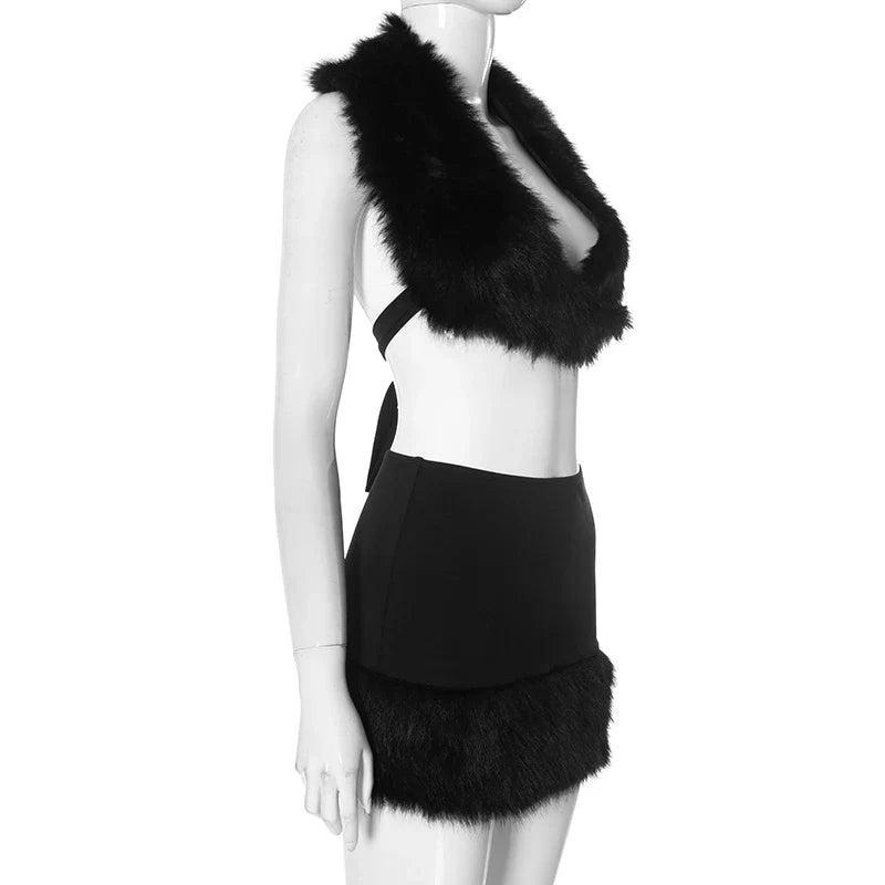 Women's Sexy Fur Patchwork Deep V Tie Backless Crop Top and Mini Fur Wrap Hip Skirt Set for Evening Clubwear