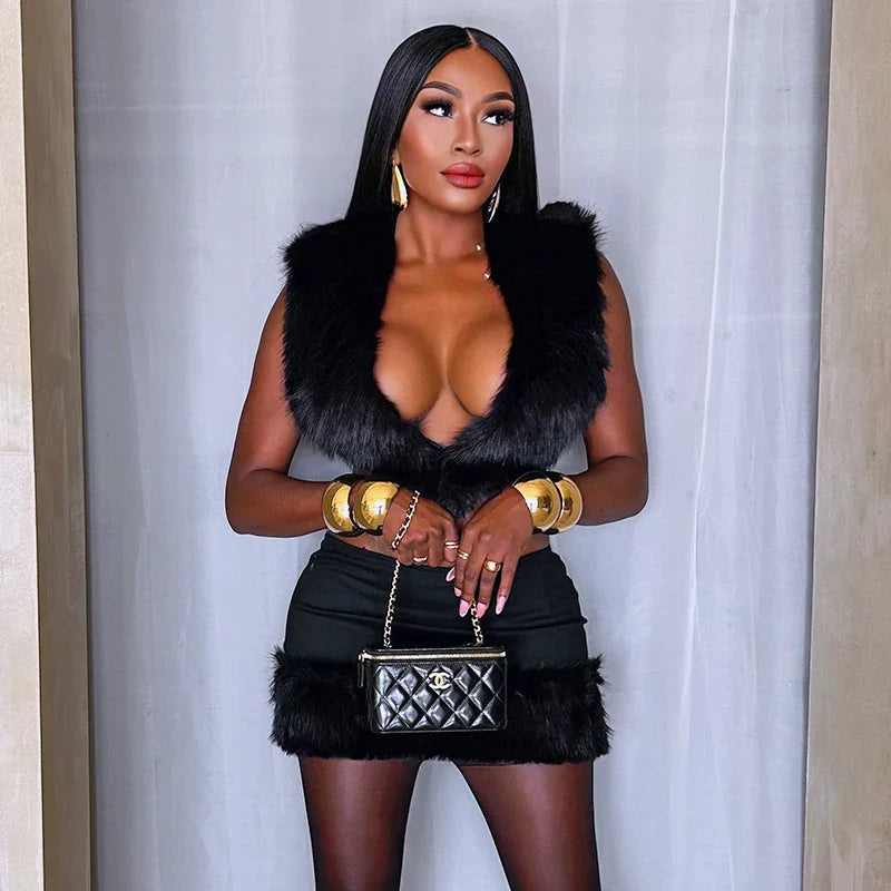Women's Sexy Fur Patchwork Deep V Tie Backless Crop Top and Mini Fur Wrap Hip Skirt Set for Evening Clubwear