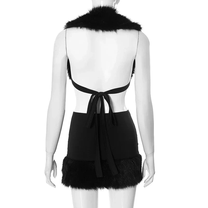 Women's Sexy Fur Patchwork Deep V Tie Backless Crop Top and Mini Fur Wrap Hip Skirt Set for Evening Clubwear