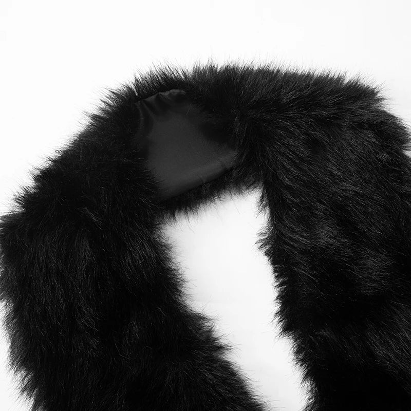 Women's Sexy Fur Patchwork Deep V Tie Backless Crop Top and Mini Fur Wrap Hip Skirt Set for Evening Clubwear