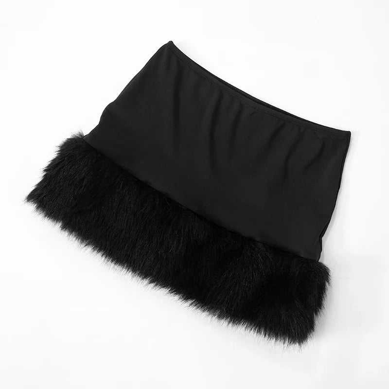 Women's Sexy Fur Patchwork Deep V Tie Backless Crop Top and Mini Fur Wrap Hip Skirt Set for Evening Clubwear