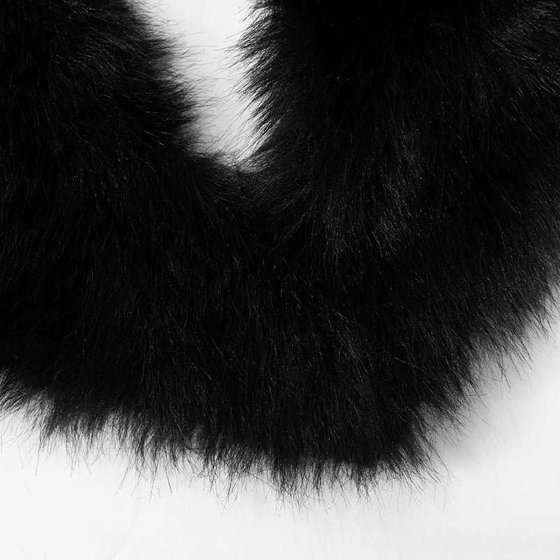 Women's Sexy Fur Patchwork Deep V Tie Backless Crop Top and Mini Fur Wrap Hip Skirt Set for Evening Clubwear