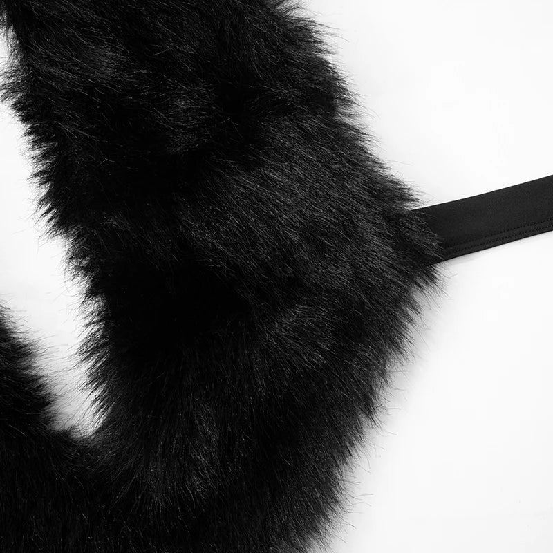 Women's Sexy Fur Patchwork Deep V Tie Backless Crop Top and Mini Fur Wrap Hip Skirt Set for Evening Clubwear