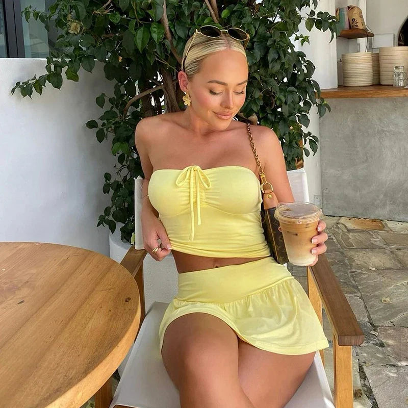 Summer Girl Solid Color Two-Piece Skirt Set with Halter and Strapless Drawstring Ruched Crop Top and Elastic Waist Pleated Skirt