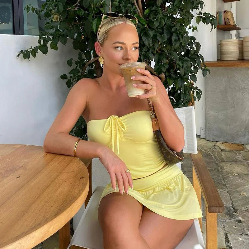 Summer Girl Solid Color Two-Piece Skirt Set with Halter and Strapless Drawstring Ruched Crop Top and Elastic Waist Pleated Skirt