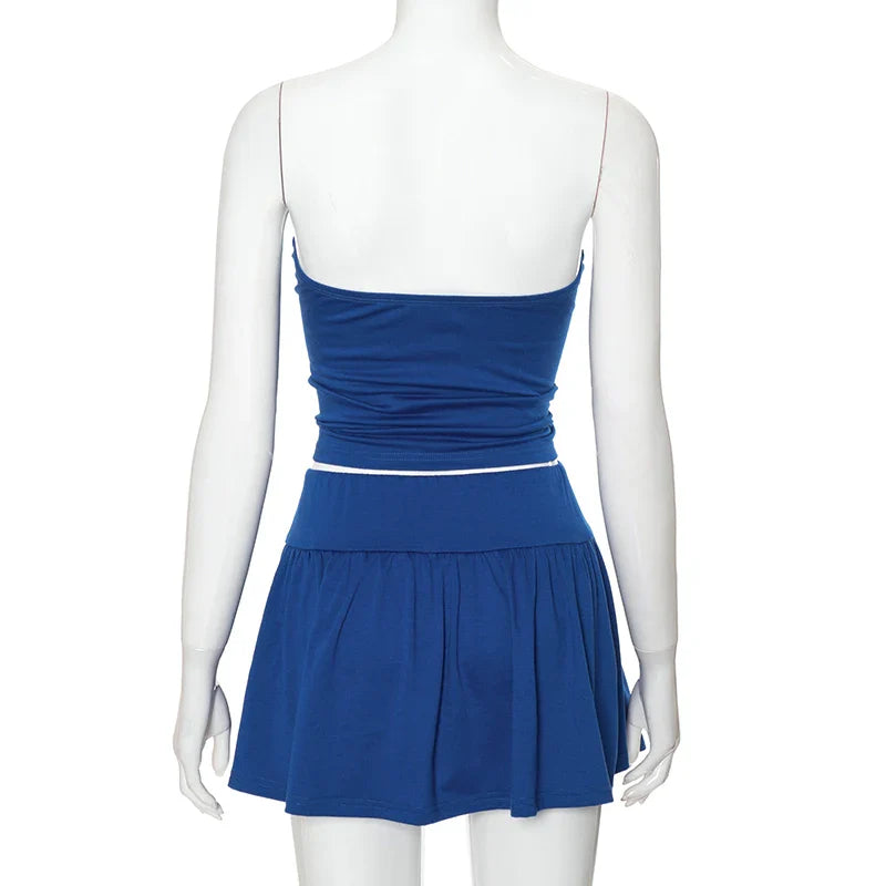 Summer Girl Solid Color Two-Piece Skirt Set with Halter and Strapless Drawstring Ruched Crop Top and Elastic Waist Pleated Skirt