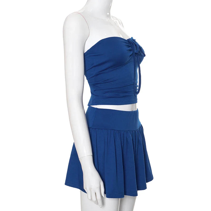 Summer Girl Solid Color Two-Piece Skirt Set with Halter and Strapless Drawstring Ruched Crop Top and Elastic Waist Pleated Skirt