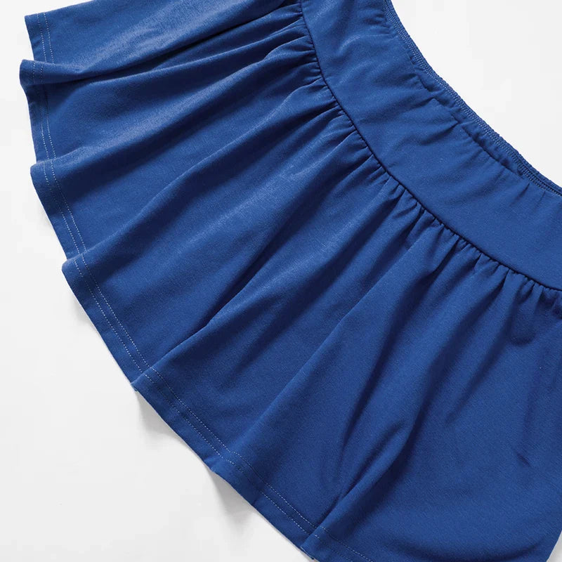 Summer Girl Solid Color Two-Piece Skirt Set with Halter and Strapless Drawstring Ruched Crop Top and Elastic Waist Pleated Skirt