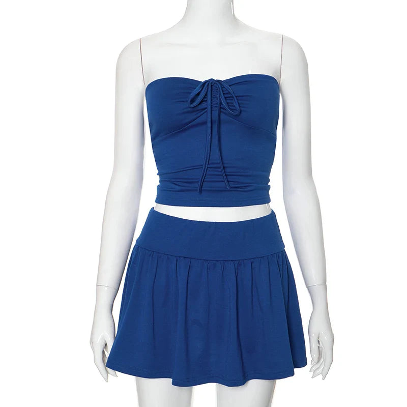 Summer Girl Solid Color Two-Piece Skirt Set with Halter and Strapless Drawstring Ruched Crop Top and Elastic Waist Pleated Skirt