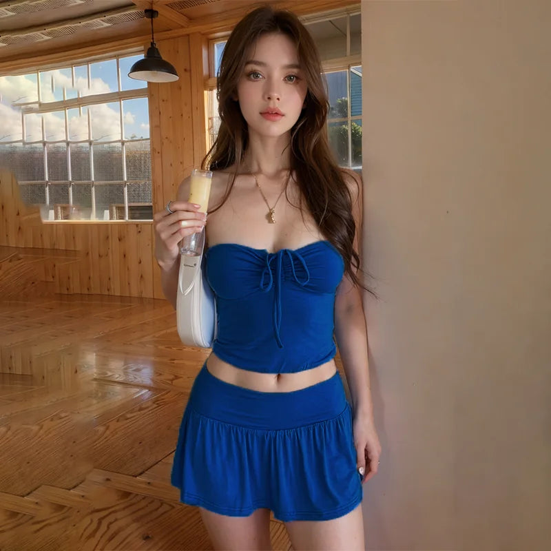 Summer Girl Solid Color Two-Piece Skirt Set with Halter and Strapless Drawstring Ruched Crop Top and Elastic Waist Pleated Skirt