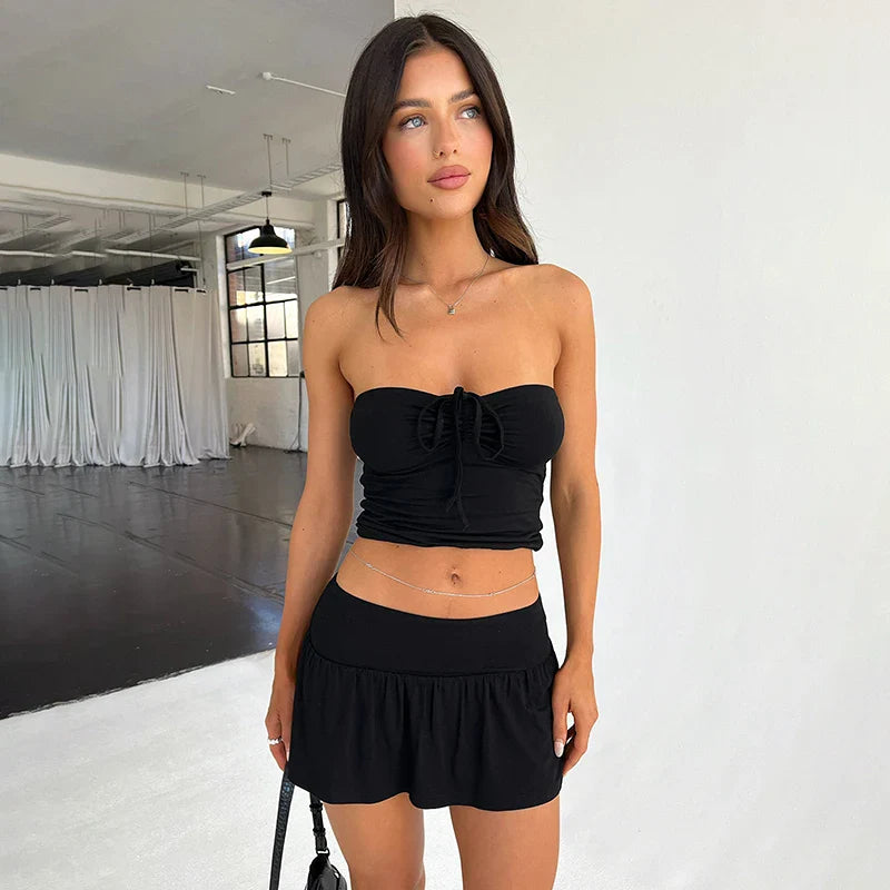 Summer Girl Solid Color Two-Piece Skirt Set with Halter and Strapless Drawstring Ruched Crop Top and Elastic Waist Pleated Skirt