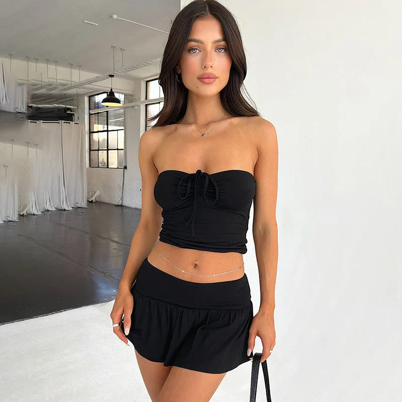 Summer Girl Solid Color Two-Piece Skirt Set with Halter and Strapless Drawstring Ruched Crop Top and Elastic Waist Pleated Skirt