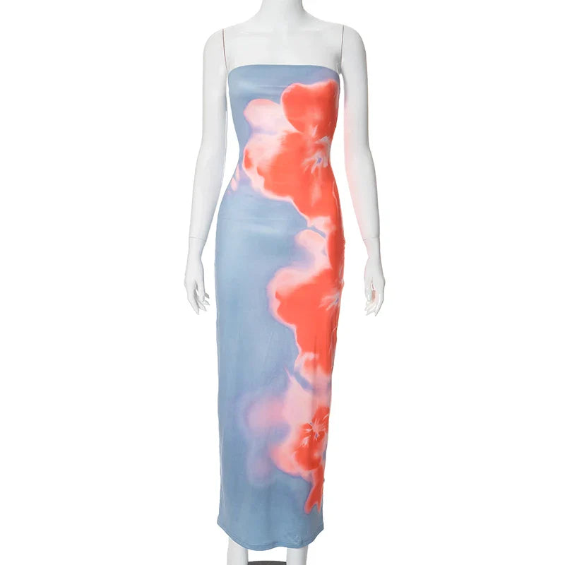 Sexy Strapless Print Tube Maxi Dress for Women Off Shoulder Backless Stretch Long Summer Sundress Beach Dress Y2K Style
