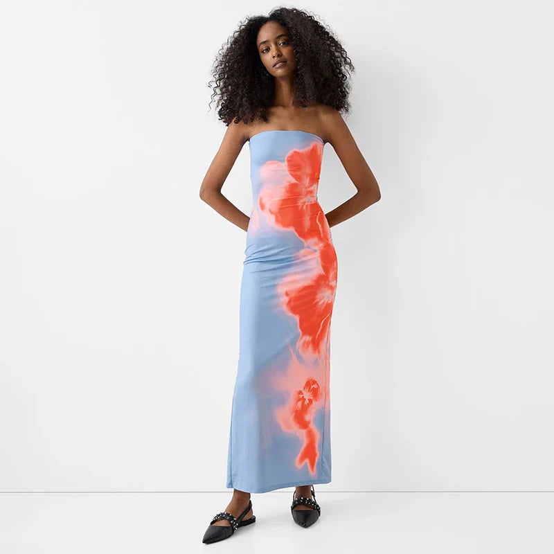 Sexy Strapless Print Tube Maxi Dress for Women Off Shoulder Backless Stretch Long Summer Sundress Beach Dress Y2K Style