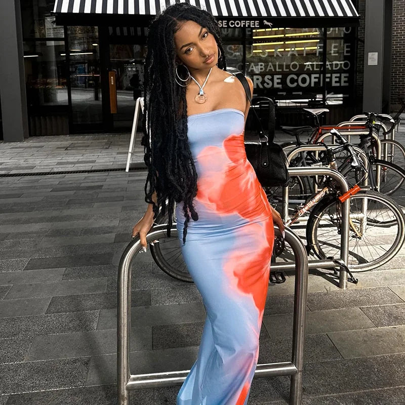 Sexy Strapless Print Tube Maxi Dress for Women Off Shoulder Backless Stretch Long Summer Sundress Beach Dress Y2K Style