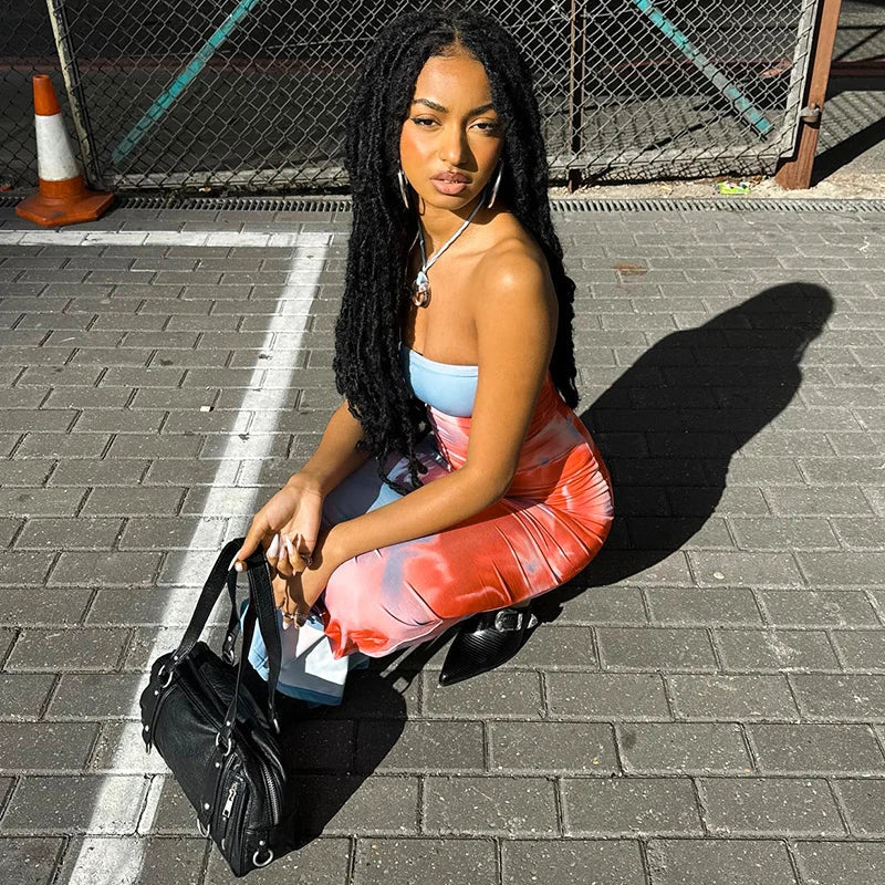 Sexy Strapless Print Tube Maxi Dress for Women Off Shoulder Backless Stretch Long Summer Sundress Beach Dress Y2K Style