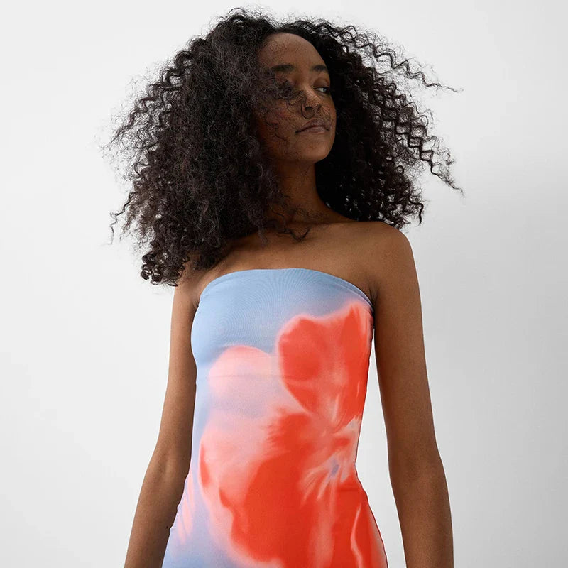 Sexy Strapless Print Tube Maxi Dress for Women Off Shoulder Backless Stretch Long Summer Sundress Beach Dress Y2K Style