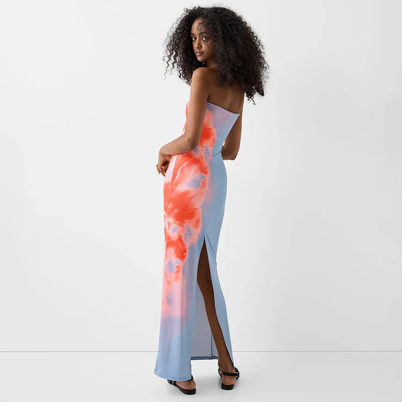 Sexy Strapless Print Tube Maxi Dress for Women Off Shoulder Backless Stretch Long Summer Sundress Beach Dress Y2K Style