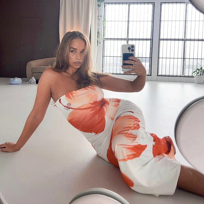 Cutenova Women's Floral Printed Tubeless Off Shoulder Maxi Dress for Casual Beach Vacation Slim Fit Floor Length Long Dress